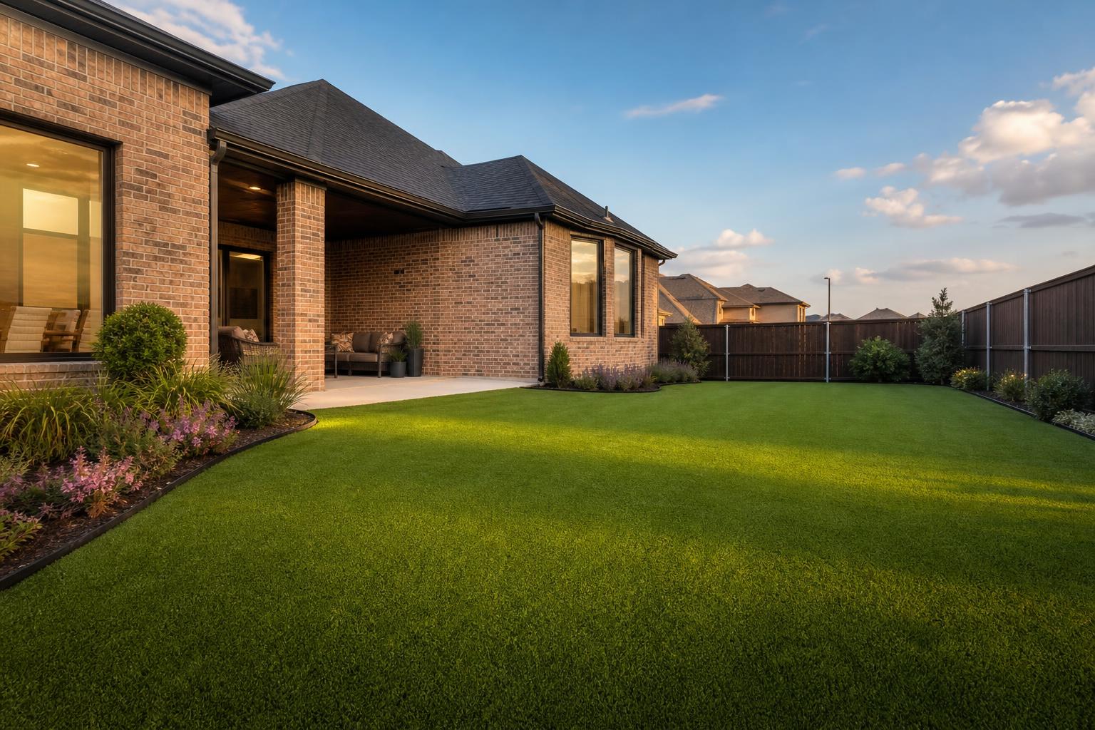 Freshly installed artificial turf lawn at a McKinney TX home with brick exterior and golden hour lighting